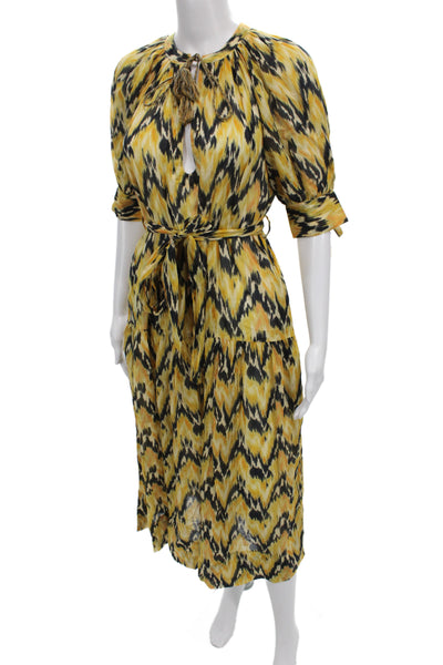 Ulla Johnson Women Boho Midi Dress Black Cotton Geometric Tie Waist Size S