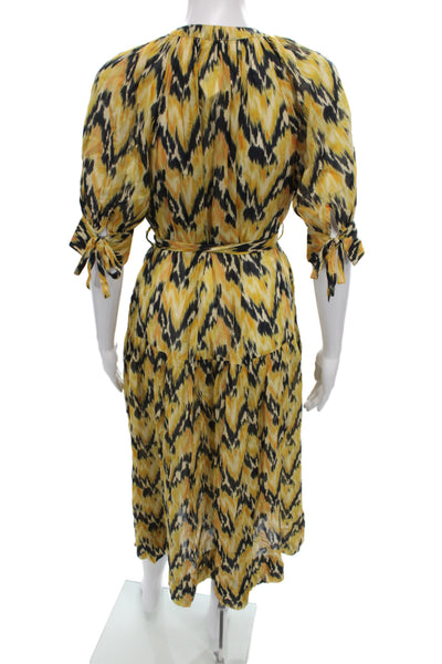 Ulla Johnson Women Boho Midi Dress Black Cotton Geometric Tie Waist Size S