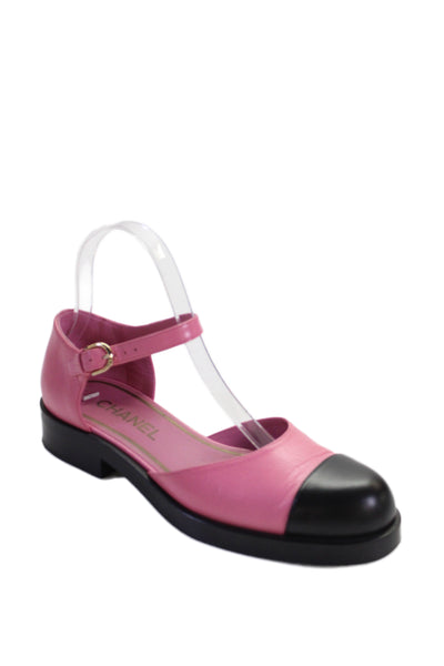 Chanel Womens Leather Cap Toe Low Heels D'Orsay Shoes Pink Black Size 7