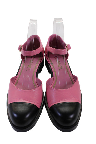 Chanel Womens Leather Cap Toe Low Heels D'Orsay Shoes Pink Black Size 7