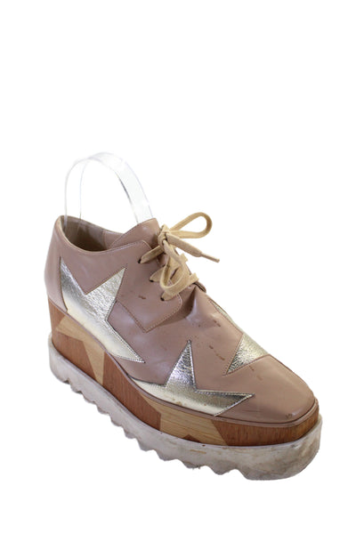 Stella McCartney Womens Leather Platform High Wedge Heels Beige Gold Size 7