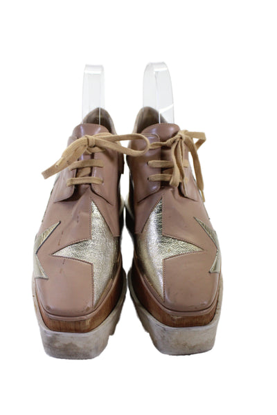 Stella McCartney Womens Leather Platform High Wedge Heels Beige Gold Size 7