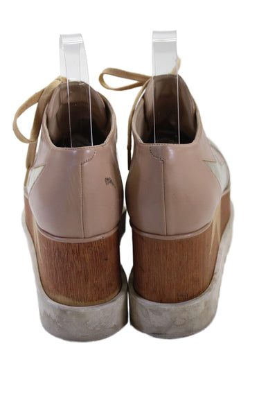 Stella McCartney Womens Leather Platform High Wedge Heels Beige Gold Size 7