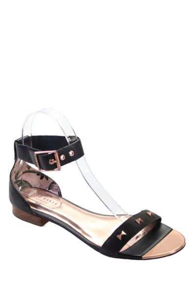 Ted Baker Womens Leather Ankle Strap Studded Sandals Black Rose gold Size 7