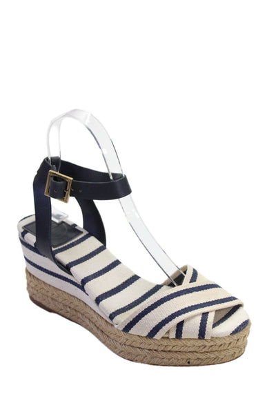 Tory Burch Womens Canva Blend Striped  Platform Sandals White Blue Size 9