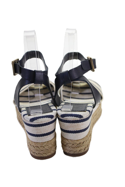 Tory Burch Womens Canva Blend Striped  Platform Sandals White Blue Size 9