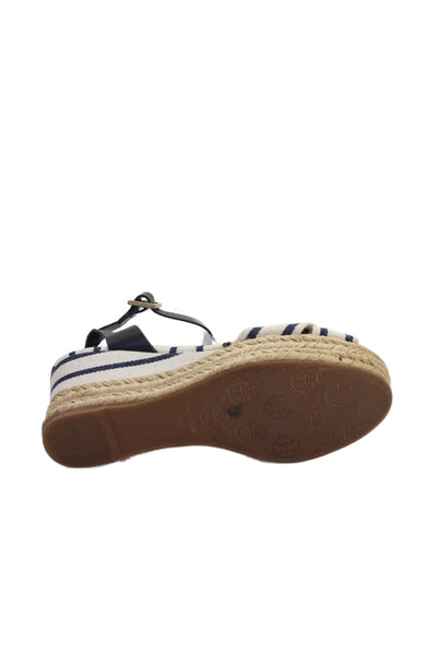 Tory Burch Womens Canva Blend Striped  Platform Sandals White Blue Size 9