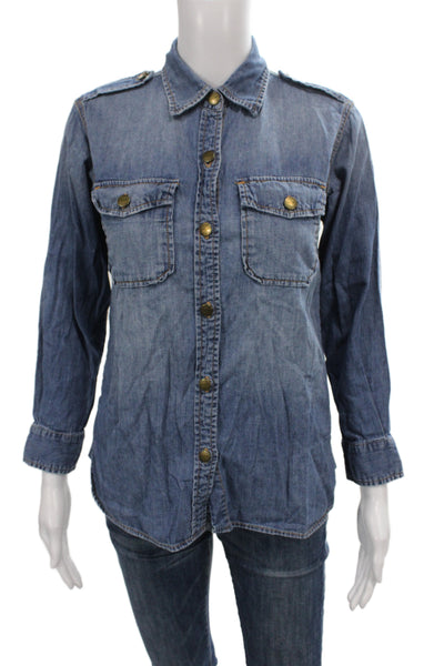 Current/Elliott Womens Basic Button-Up Blue Cotton Collared Long Sleeve Size 0