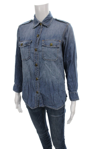 Current/Elliott Womens Basic Button-Up Blue Cotton Collared Long Sleeve Size 0