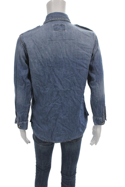 Current/Elliott Womens Basic Button-Up Blue Cotton Collared Long Sleeve Size 0
