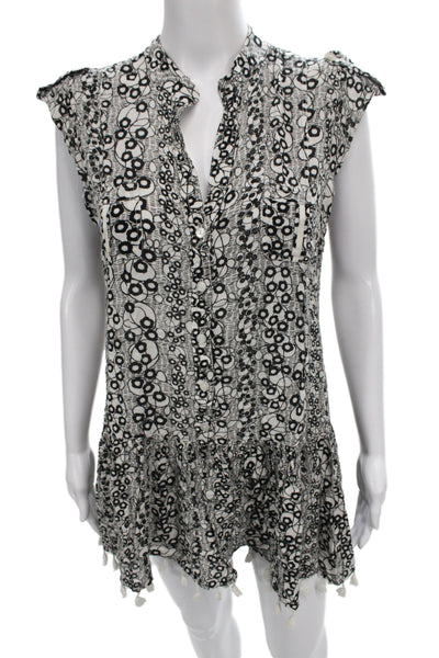 Poupette St. Barth Women Black Geometric V-Neck Short Sleeve Tunic Size S