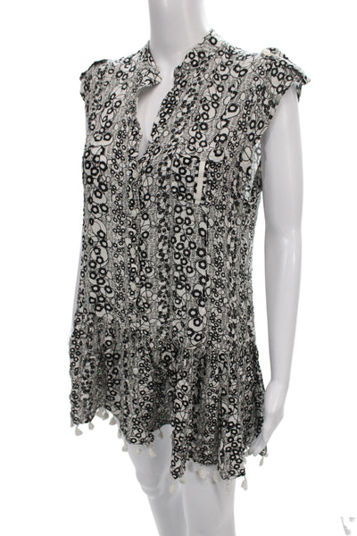 Poupette St. Barth Women Black Geometric V-Neck Short Sleeve Tunic Size S