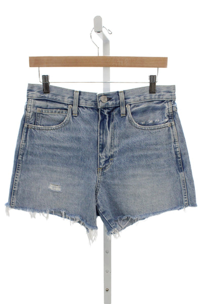 Amo Women Cut-Off Cotton Solid Blue Button Closure Shorts Size 27