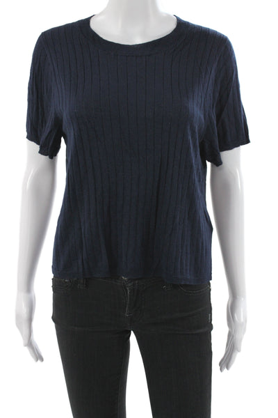 J Crew Womens Striped Silk Pullover Sweater Crew Neck Short Sleeve Blue Size XL