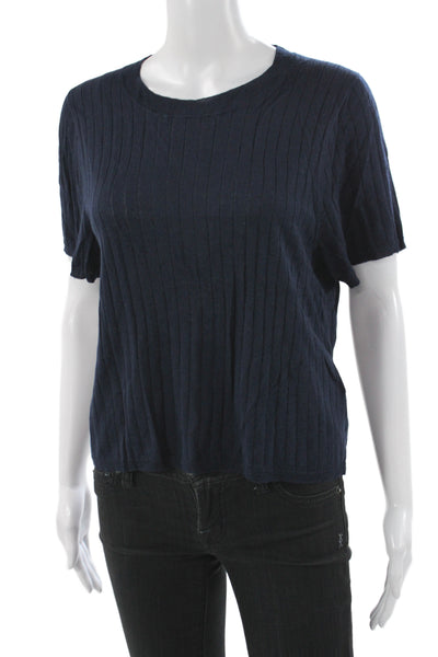 J Crew Womens Striped Silk Pullover Sweater Crew Neck Short Sleeve Blue Size XL