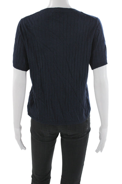 J Crew Womens Striped Silk Pullover Sweater Crew Neck Short Sleeve Blue Size XL