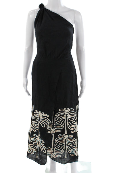 Johanna Ortiz Women Maxi Dress Black One Shoulder Linen Mid Calf Size 0