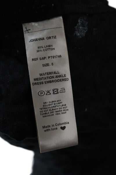 Johanna Ortiz Women Maxi Dress Black One Shoulder Linen Mid Calf Size 0