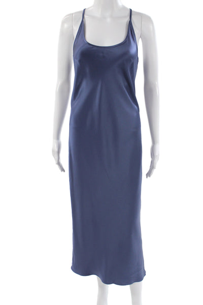 Michelle Farmer Women Satin Slip Dress Blue Scoop Neck Mid-Calf Size S