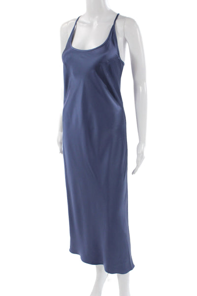 Michelle Farmer Women Satin Slip Dress Blue Scoop Neck Mid-Calf Size S