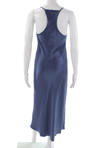 Michelle Farmer Women Satin Slip Dress Blue Scoop Neck Mid-Calf Size S