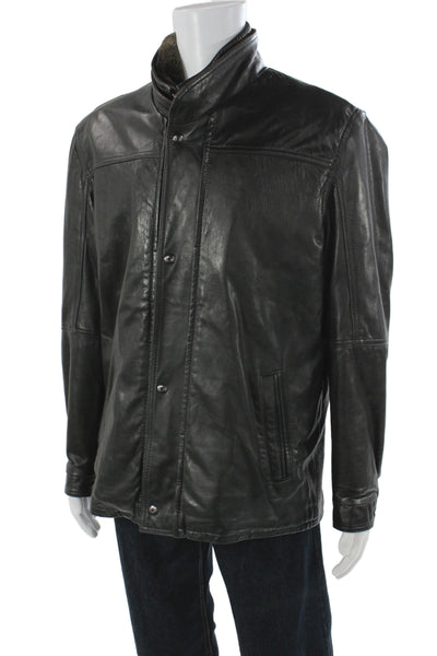 Remy Leather Mens Bomber Jacket Black Leather Snap Closure Size 40