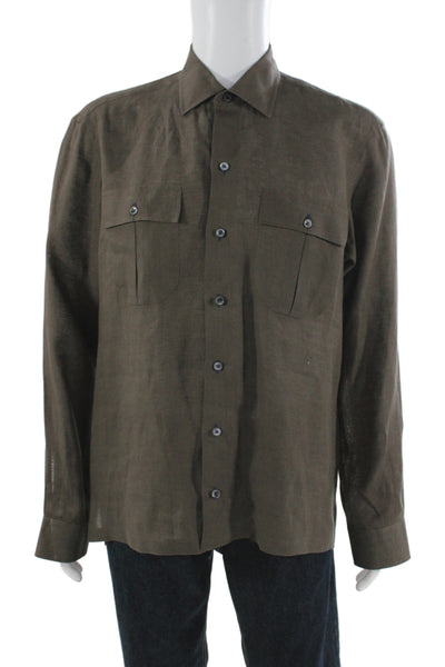 Lorenzini Mens Linen Brown Casual Dress Shirt Long Sleeve Size L