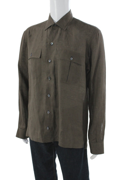 Lorenzini Mens Linen Brown Casual Dress Shirt Long Sleeve Size L