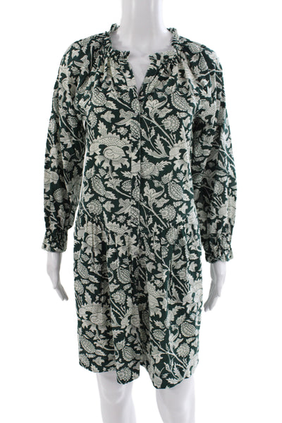 Lilla P Womens Green Floral Shirt Dress Long Sleeve 100% Cotton Size XS