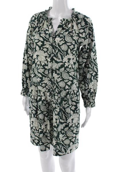 Lilla P Womens Green Floral Shirt Dress Long Sleeve 100% Cotton Size XS