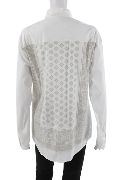 Blanca Women White Long Sleeve Collared Button Up Geometric Boho Top Size 8