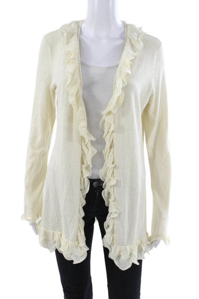 Magaschoni Women Cardigan Ivory V Neck Cotton Long Sleeve Size S