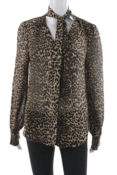 Paige Women Beige Silk V Neck Animal Print Long Sleeve Shirt Size S