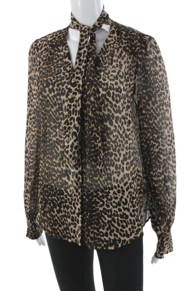 Paige Women Beige Silk V Neck Animal Print Long Sleeve Shirt Size S