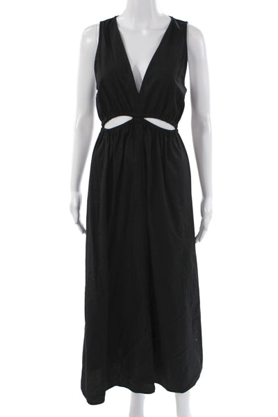 Zara Womens Maxi Dress Black V-Neck Sleeveless Solid Cotton Midi Casual Size M