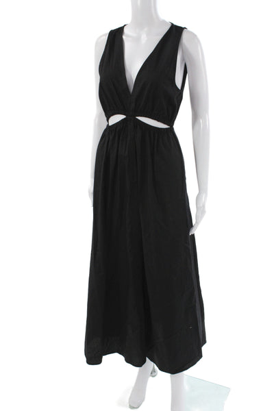 Zara Womens Maxi Dress Black V-Neck Sleeveless Solid Cotton Midi Casual Size M