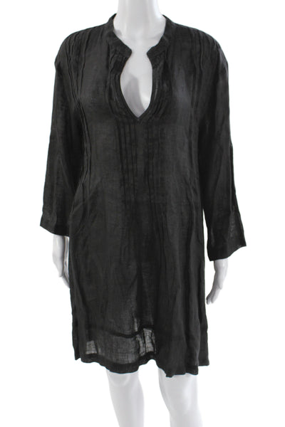 CP Shades Women Shift Linen V Neck Long Sleeve Black Mini Dress Size M