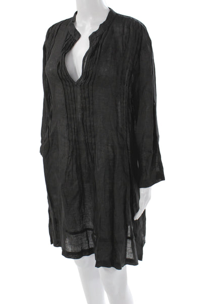 CP Shades Women Shift Linen V Neck Long Sleeve Black Mini Dress Size M