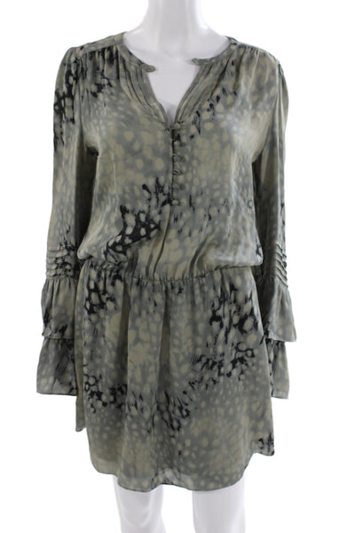 Parker Womens Blouson Dress Gray Silk V-Neck Long Sleeve Animal Print Size L