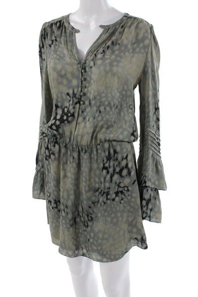 Parker Womens Blouson Dress Gray Silk V-Neck Long Sleeve Animal Print Size L