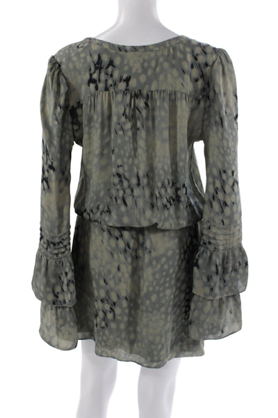 Parker Womens Blouson Dress Gray Silk V-Neck Long Sleeve Animal Print Size L