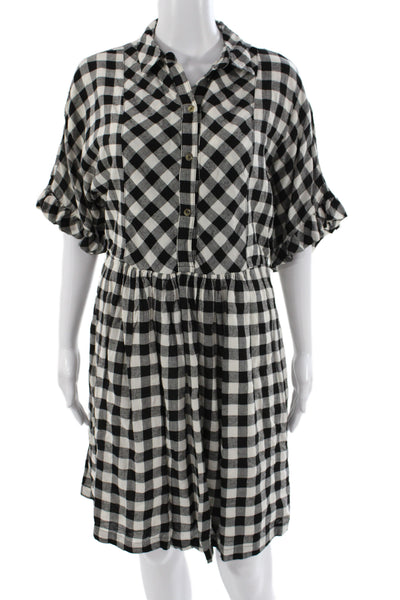 Porridge Anthropologie Women Shirt Dress Black Gingham Short Sleeve Size M