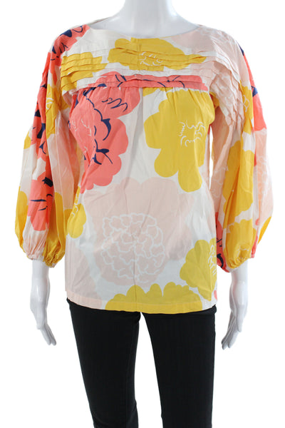 Marimekko Women Babydoll Floral Cotton Boat Neck Long Sleeve Blouse Size M