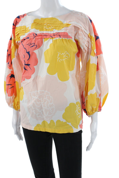 Marimekko Women Babydoll Floral Cotton Boat Neck Long Sleeve Blouse Size M