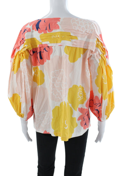 Marimekko Women Babydoll Floral Cotton Boat Neck Long Sleeve Blouse Size M