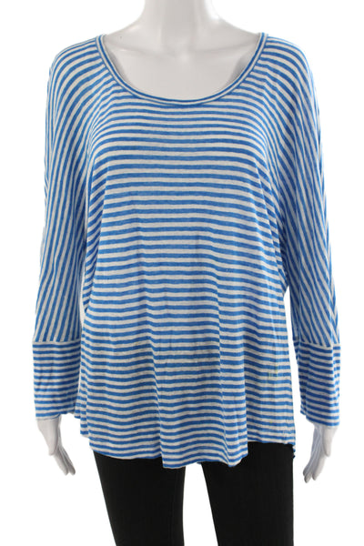 Joie Unisex Adults Blue Striped Linen Long Sleeve T-Shirt Round Neck Size M
