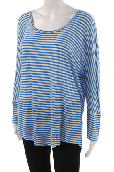 Joie Unisex Adults Blue Striped Linen Long Sleeve T-Shirt Round Neck Size M