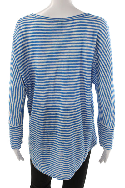 Joie Unisex Adults Blue Striped Linen Long Sleeve T-Shirt Round Neck Size M