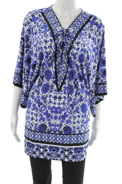 Nanette Lepore Women Kaftan Floral Blue V-Neck Lace Up 3/4 Sleeve Size M