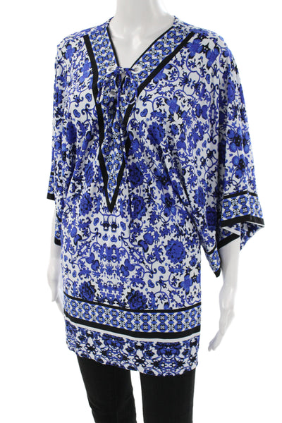 Nanette Lepore Women Kaftan Floral Blue V-Neck Lace Up 3/4 Sleeve Size M